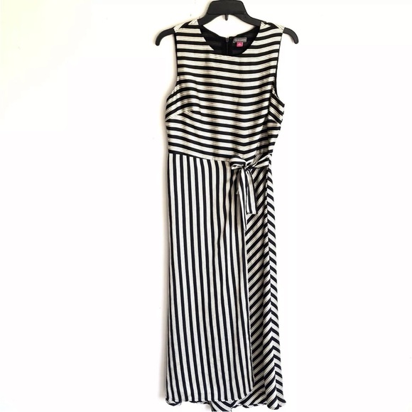 Vince Camuto Faux Wrap Dress Satin Striped Sleeveless Midi Flowy - Picture 12 of 15